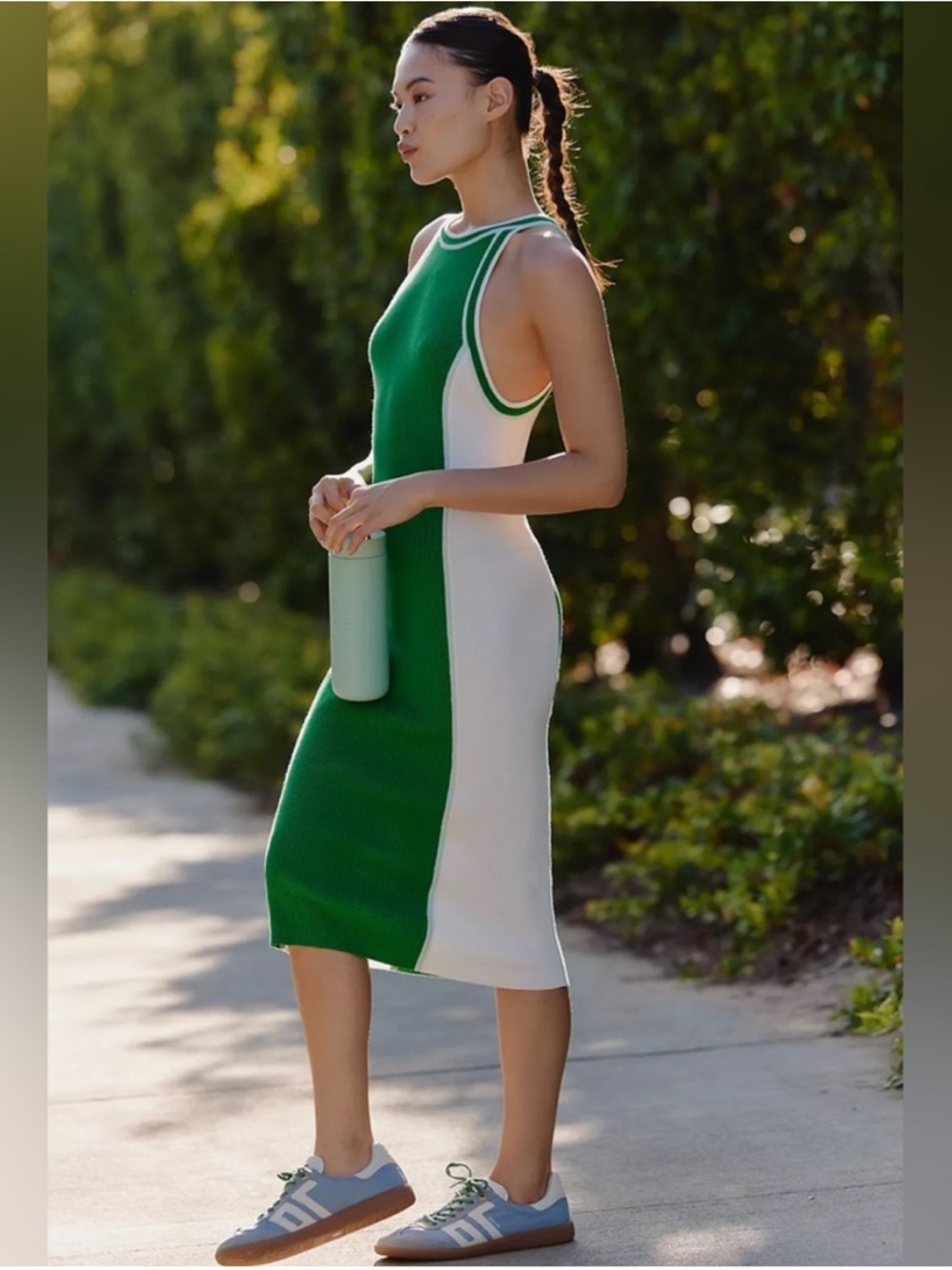 BNWT Daily Practice Sleeveless Green and White Ribbed Midi Dress size XS